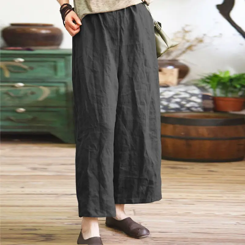 

New Design Loose Summer Women Pants Solid Straight Flat Ankle-Length Regular Broadcloth Cotton Casual Pants