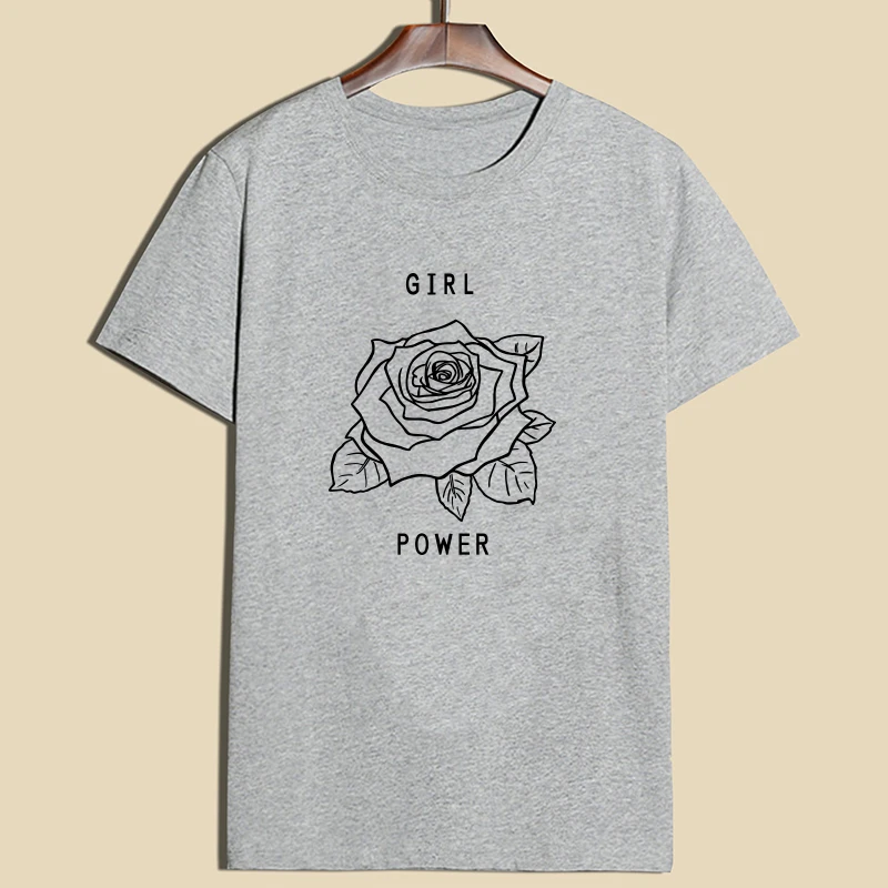 Новая мода Улица "GIRL POWER" Письмо Печатные Роза короткий рукав Футболка с