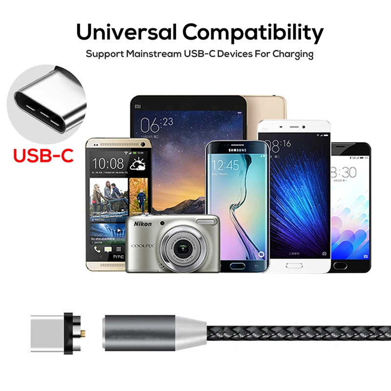 Магнитный зарядный кабель USB Type C 1 м с нейлоновой оплеткой|fast charge|type-c chargerxiaomi usb-c |