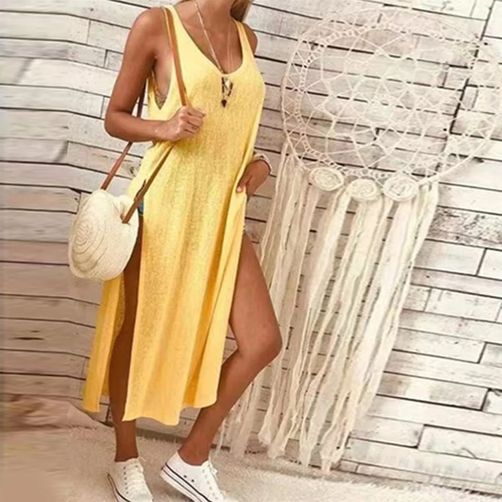 Летние выходные пляж дамы сексуальный Сплошной Цвет Ретро Круглый вырез без