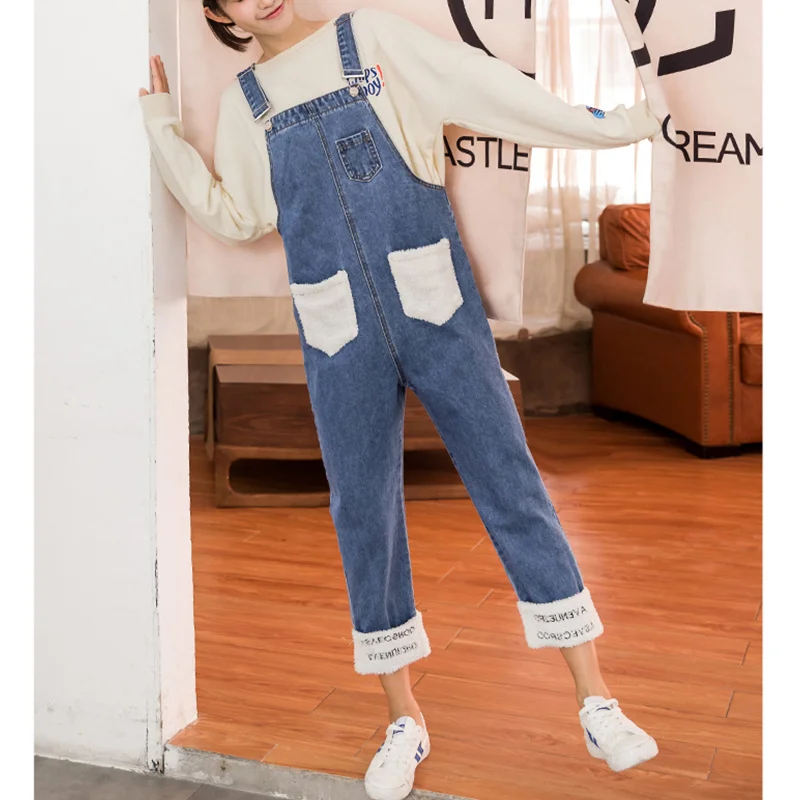 Woollen Patchwork Denim Overalls For Women Autumn Winter 2018 Roll Up Pockets Design Casual Embroidery Jumpsuit Romper | Женская одежда