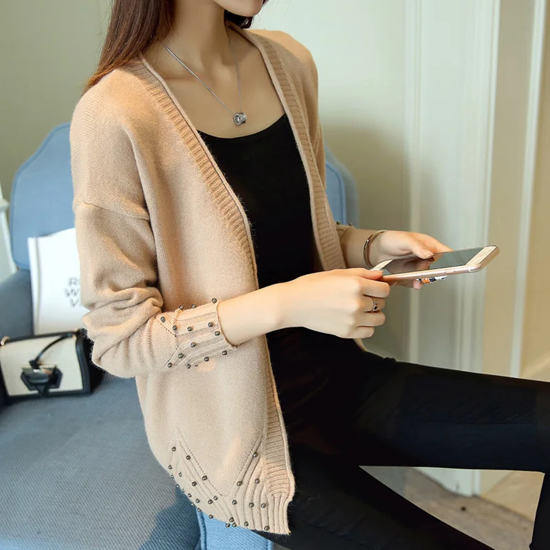 Carol Diaries 2017 Fashion Women Cardigan Sweater Female Beaded V-Neck Knitted Coat Slim Crochet Sweaters Woman Cardigans Tops |