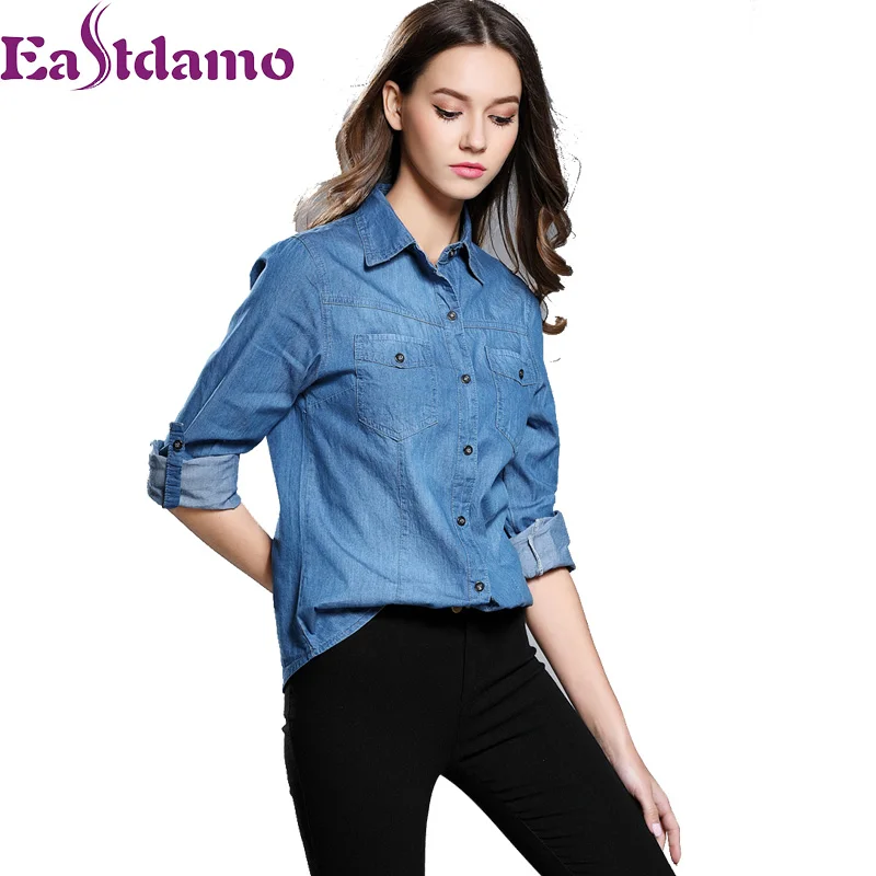 Eastdamo новый осень 2017 г. женские джинсовые рубашки Slim с длинным рукавом синие