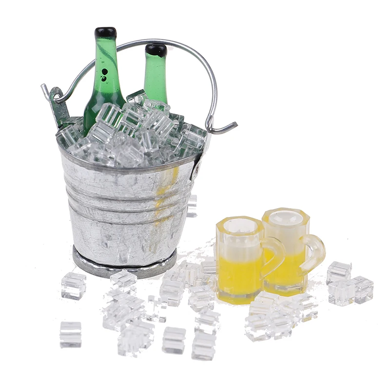 

1:12 Dollhouse Miniature Beer Bottle + Bucket + Ice Cube + Cups Play House Food Toy Doll House Accessories