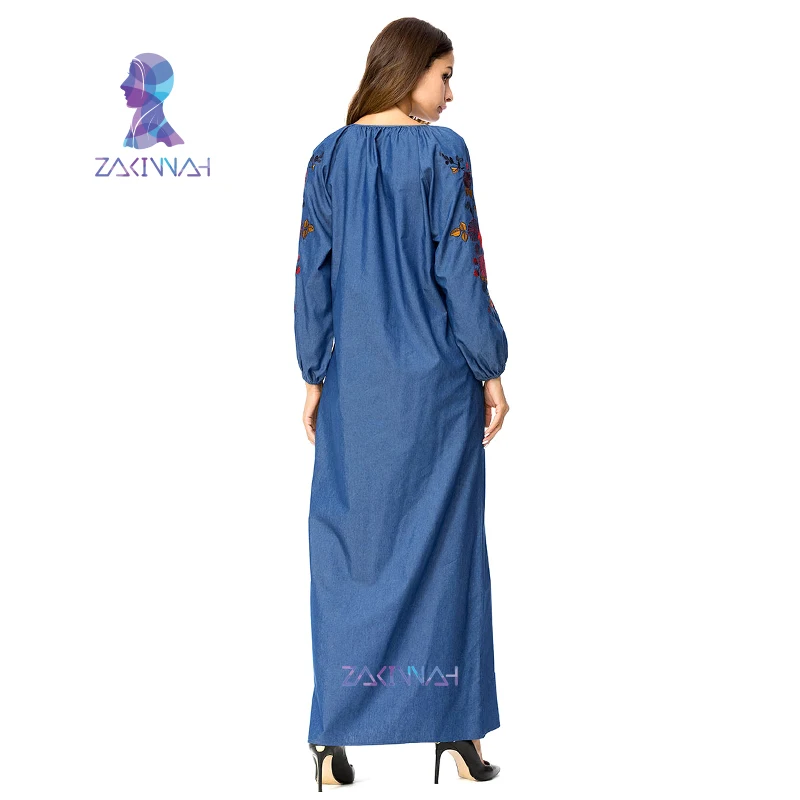 7307 длинные женские платья с вышивкой Abayas синее Макси мусульманское джинсовое