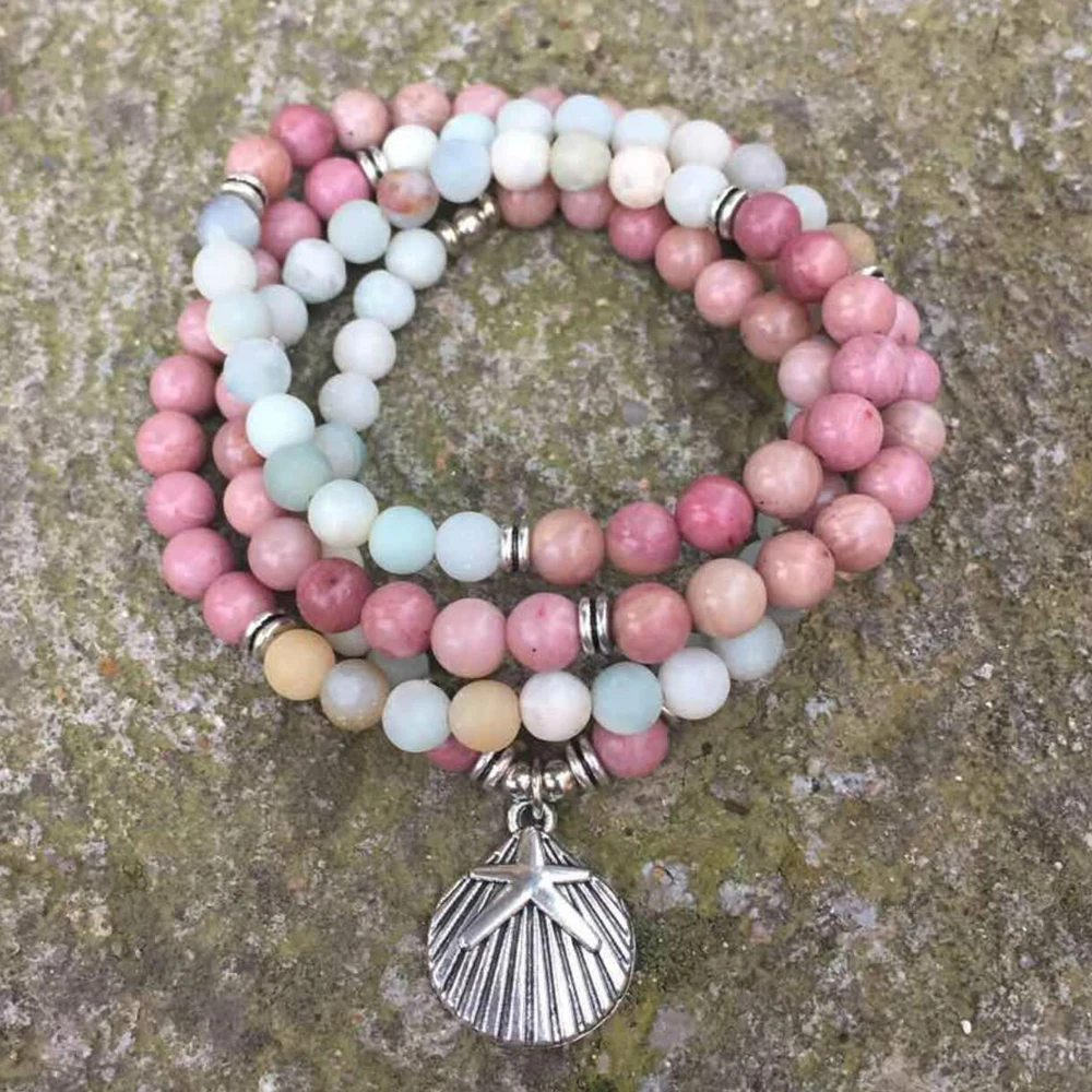 Women`s bracelet 6mm Sea shells Natural stone Amazonite beads Lotus OM Buddha Charm Yoga Bracelet 108mala necklace dropshipping | Украшения