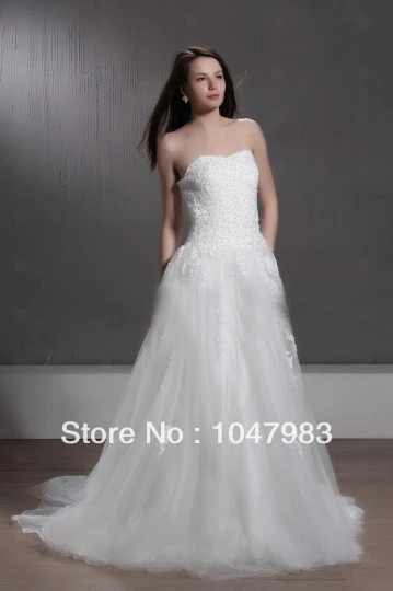 2015 The bestNew Style Free Shipping Hot Fashion Sweet A-line Strapless Zipper-up Tulle Sweep Train Wedding Dresses |