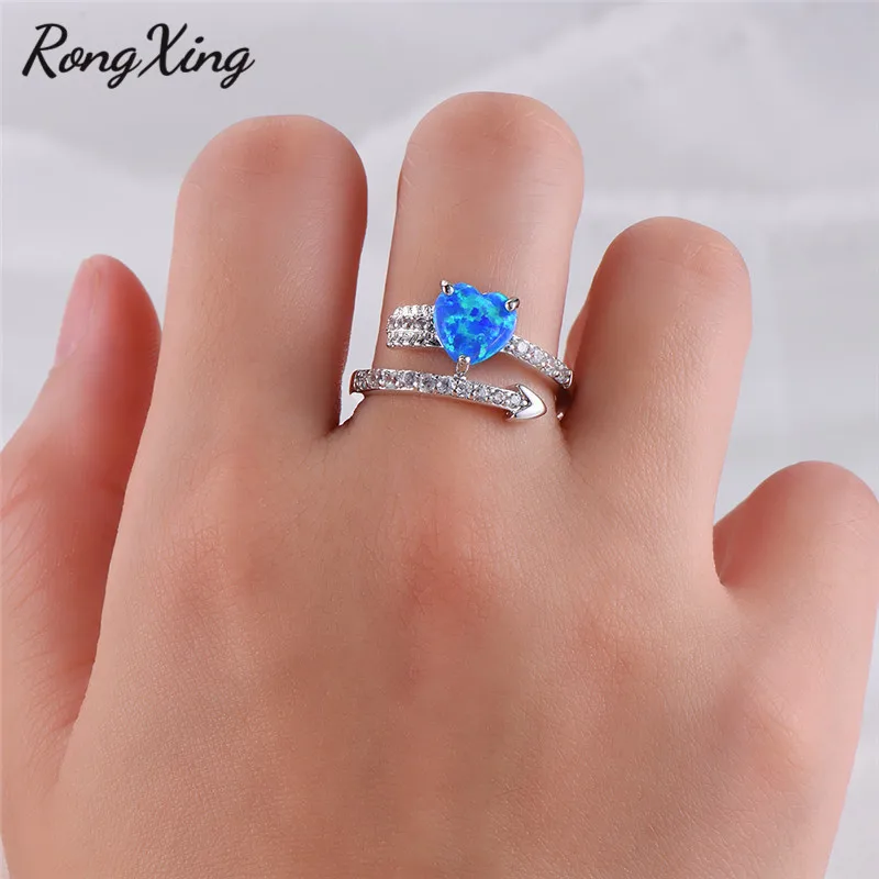 RongXing стильный синий огненный опал стрелы сердце любовь кольца для женщин белое