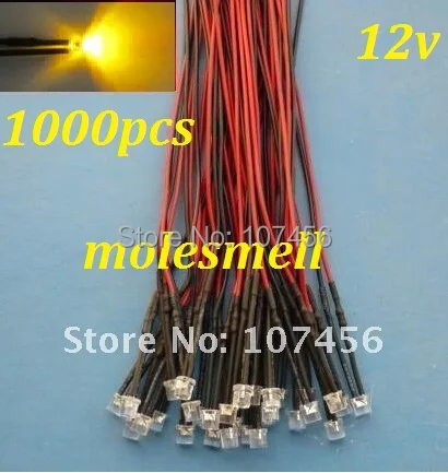 Free shipping 1000pcs Flat Top Yellow LED Lamp Light Set Pre-Wired 5mm 12V DC Wired 5mm 12v big/wide angle yellow led