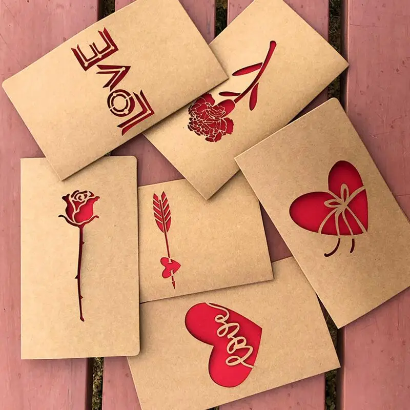 

10pcs Creative Vintage Kraft Paper Laser Hollow Greeting Card Romantic Mini Love Heart Card with Envelope Festival Wishes Gifts