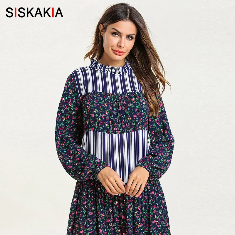 Siskakia Цветочная печать полоса лоскутное женское длинное платье кружевной воротник шнурок платья-Макси с длинным рукавом размера плюс качели