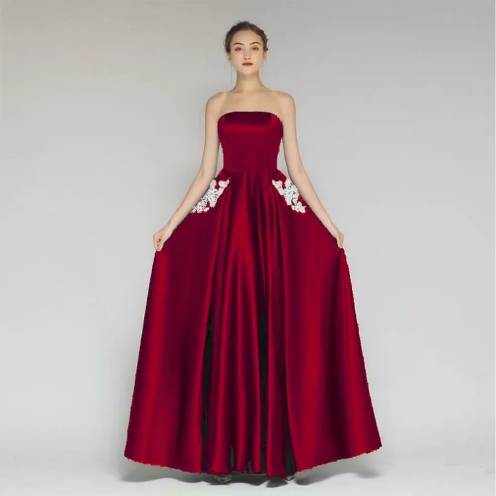 

Anti Elegant Satin Formal Gown Evening Dresses A-Line Strapless Floor-Length Vestido De Festa Appliques Abendkleider In Stock