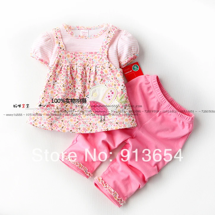 

new 2014 summer girls clothing sets fashion child faux two piece short sleeves Print t-shirts + kids pants 2pcs sets