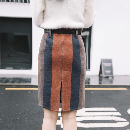 Wnter Skirt Women 2017 England Style Vintage Colorful Striped Slim High Waist Pencil Free Belt faldas mujer B198 | Женская одежда