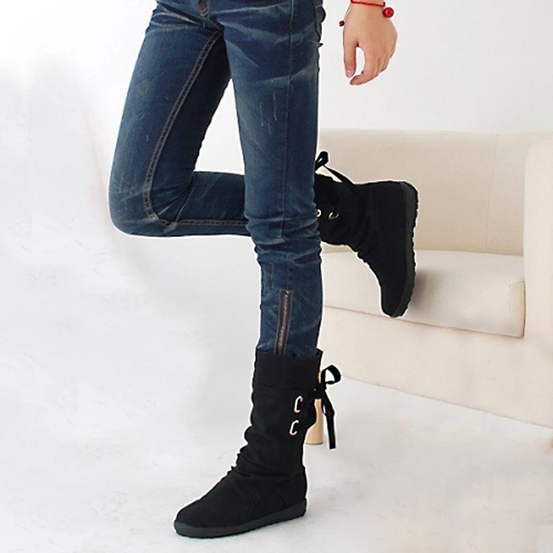 black Boots Женские зимние ботинки размера плюс Модные Ботинки martin до середины голени на плоской подошве с пряжкой женские черные кожаные теплые зимние ботинки на шнуровке женская обувь CVT49 - Цвет: black Boots