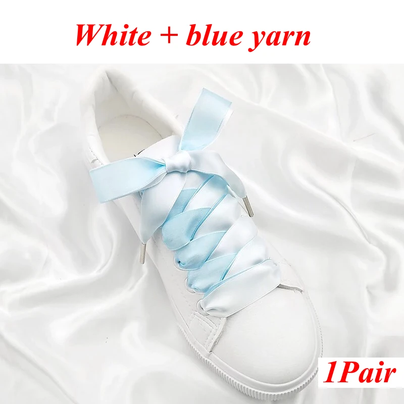 White blue 1 пара двусторонний шелковые шнурки снег пряжа атласная лента обувь с кружевами на шнурках модные кроссовки шнурки 2 см Ширина 80/100/120 см - Цвет: White blue