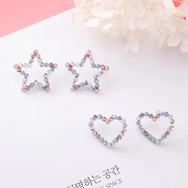 Modern Women's Earrings 2018 Simple Colorful Zircon Heart Star Women Stud Korean Fashion Cute Female Jewelry Accessorie | Украшения и