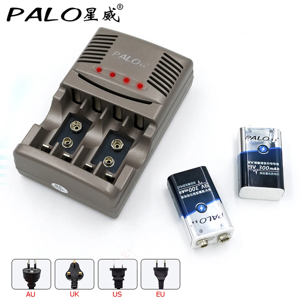 

PALO 4 slots smart Battery Charger 1.2v AA AAA 9v battery with LED indicated light+2 pcs 9v 300mah nimh rechargeable batteries