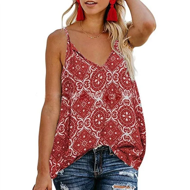 LISALA лето печати V декольте Cami Топ Женская одежда Boho Camisole Спагетти ремень сексуальные топы - Цвет: Красный