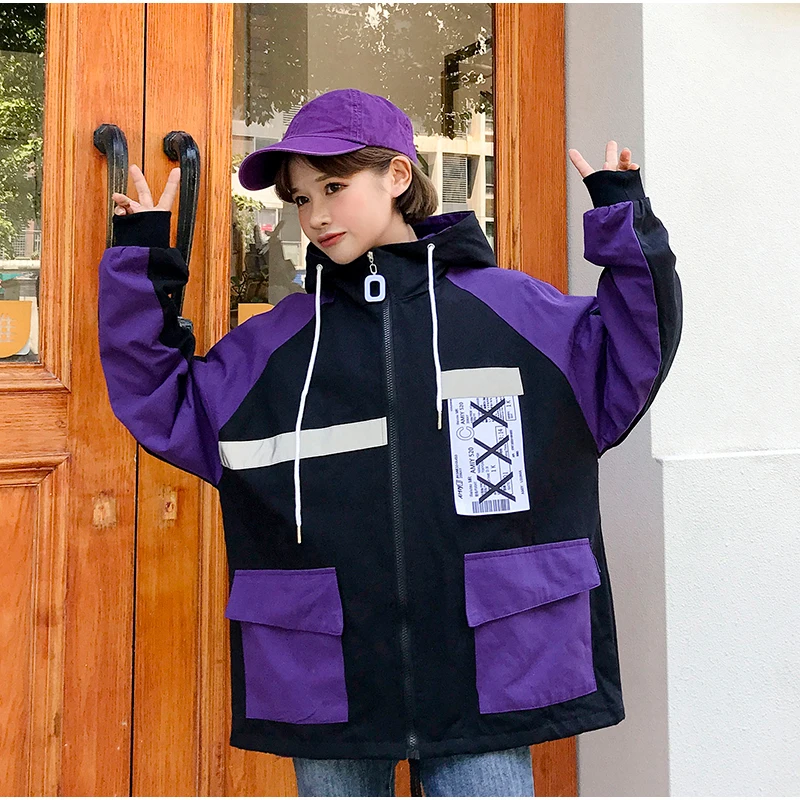 Plegie Harajuku Женская куртка большого размера в стиле пэчворк, весна, новая верхняя одежда, пальто в стиле хип-хоп, уличная одежда, свободные BF стильные куртки с капюшоном