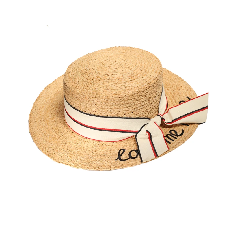 

dropshipping Women Natural Raffia Sun Hat With Ribbon Wide Brim Flat Top Handmade Hats Beach Bow Caps Sun Protection