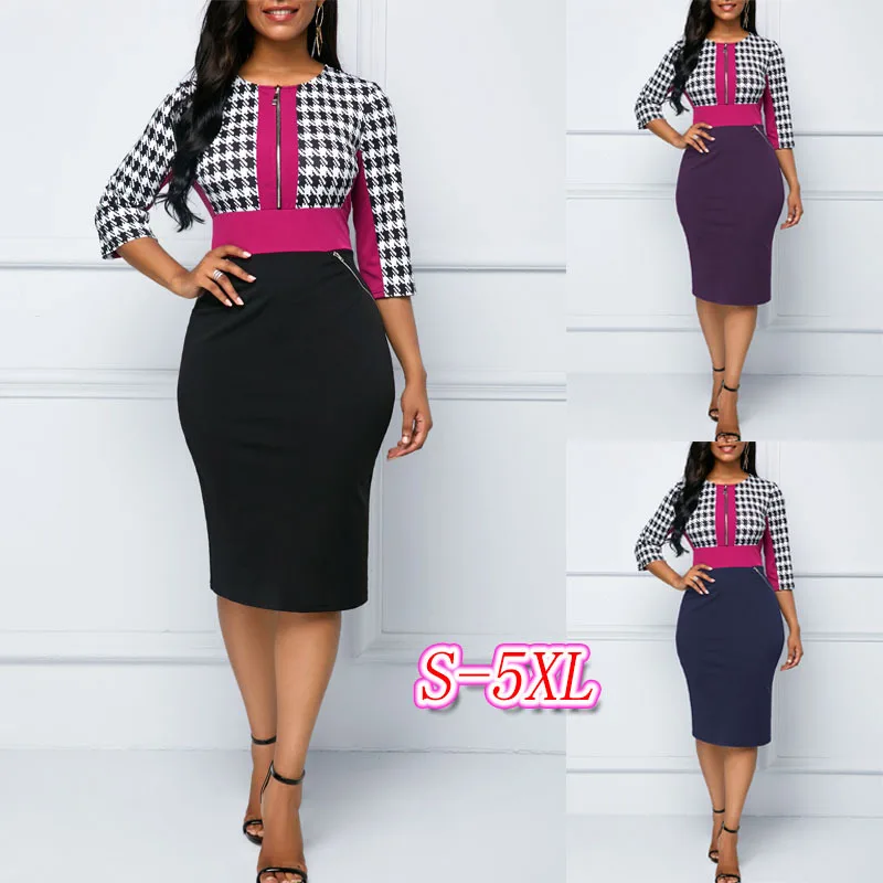 Winter Autumn Dress Women Casual Plus Size Slim Office Pencil Bodycon Dresses Elegant Vintage Sexy Plaid Party Dress 5XL