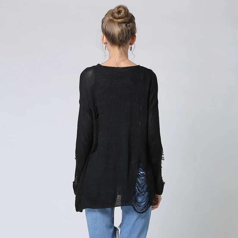 Chictorso Long Sleeve Ripped Jumpers Sexy Women Sweater Pullovers Spring Cut Out Knitted Casual Summer Sweaters Black 2018 New | Женская
