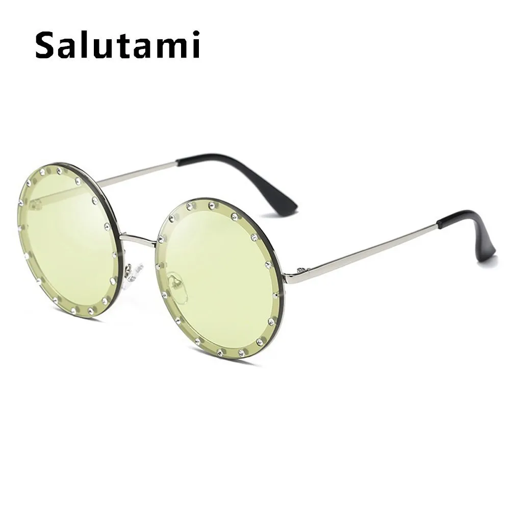 silver green Круглые Солнцезащитные очки без оправы с кристаллами, женские роскошные брендовые Винтажные Солнцезащитные очки из сплава без оправы, женские ретро очки, желтые и черные оттенки - Цвет линз: silver green