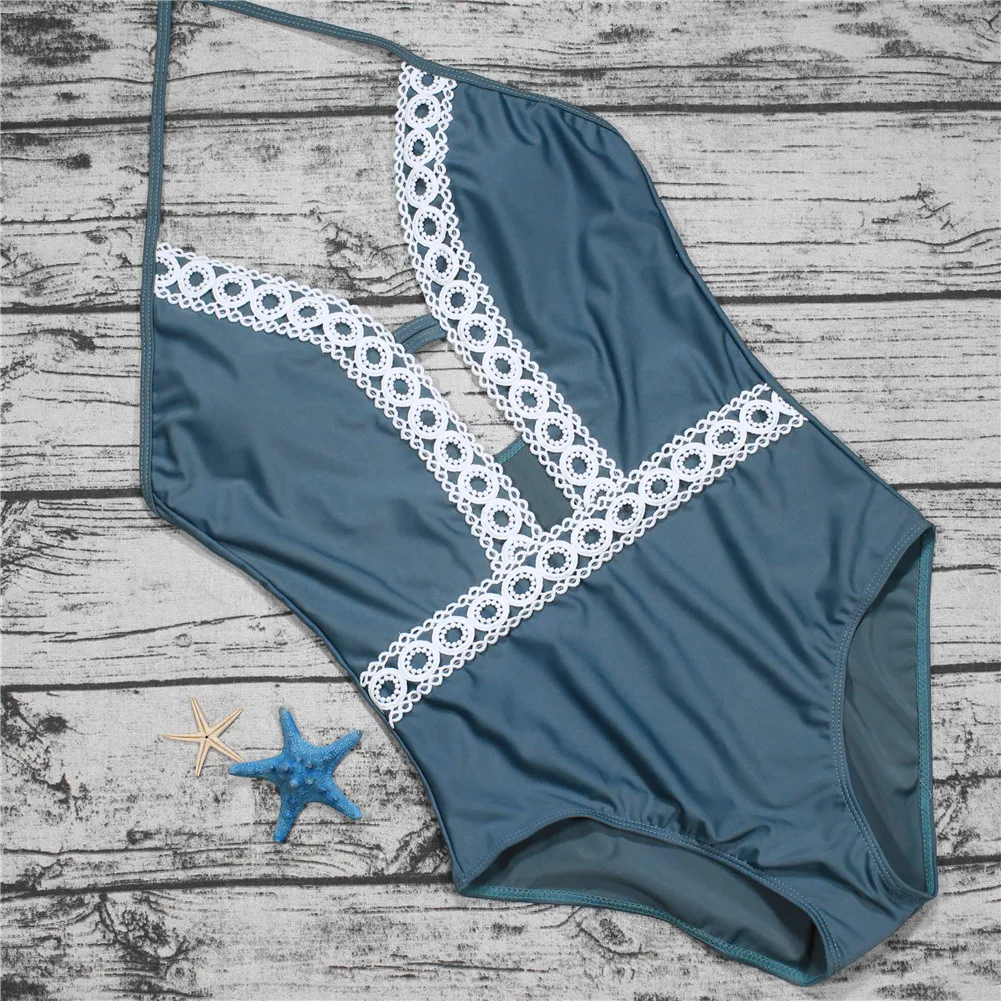 Купальники 2018 купальники женские Цельный купальник сплошной цвет кружева полоса