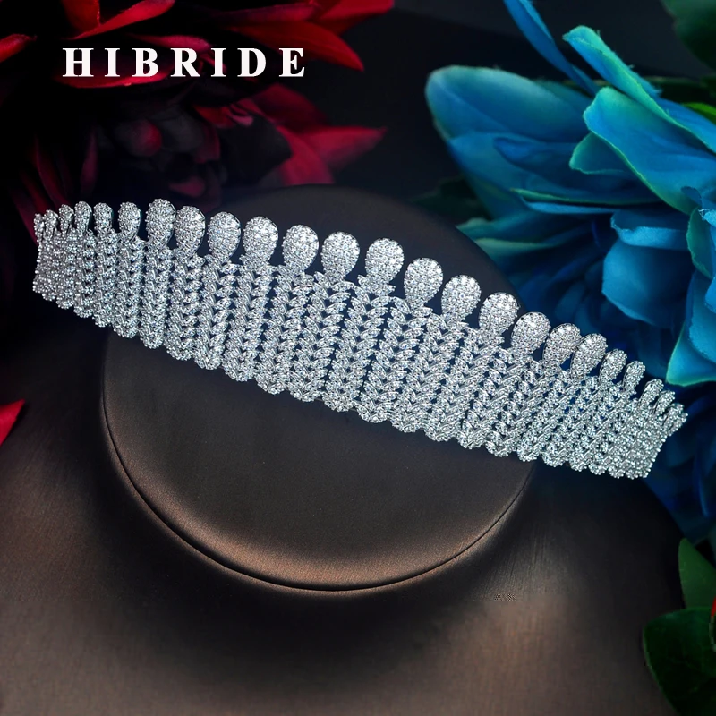 HIBRIDE Big Luxury Design White Gold Color Full CZ Women Bridal Tiaras Crown Hair Accessories Jewelry Wedding Jewelry C-107