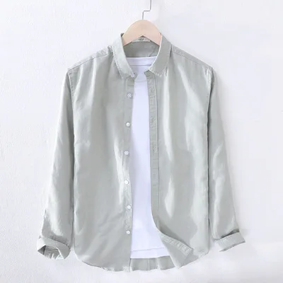 dark green Мужская весенняя и осенняя Модная брендовая винтажная простая однотонная хлопковая льняная рубашка с длинными рукавами в японском стиле мужская повседневная тонкая рубашка - Цвет: dark green