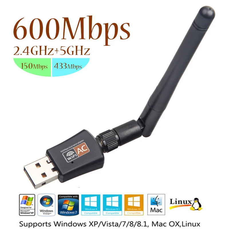 

KEBETEME 5Ghz 2.4Ghz 600Mbps Wireless Dual Band 802.11ac USB WiFi Adapter for Windows XP Win Vista Win 7 8 10 Mac