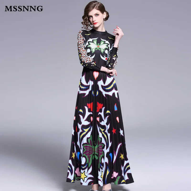 MSSNNG 2019 Spring Print Stand Collar Floor Length Long Dress Women Full Sleeve Leopard Dresses High Waist Pleated Vestidos | Женская