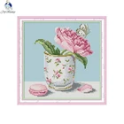 Набор для вышивки крестиком Joy Sunday, DMC 14CT и 11CT, с цветочным принтом в чашке