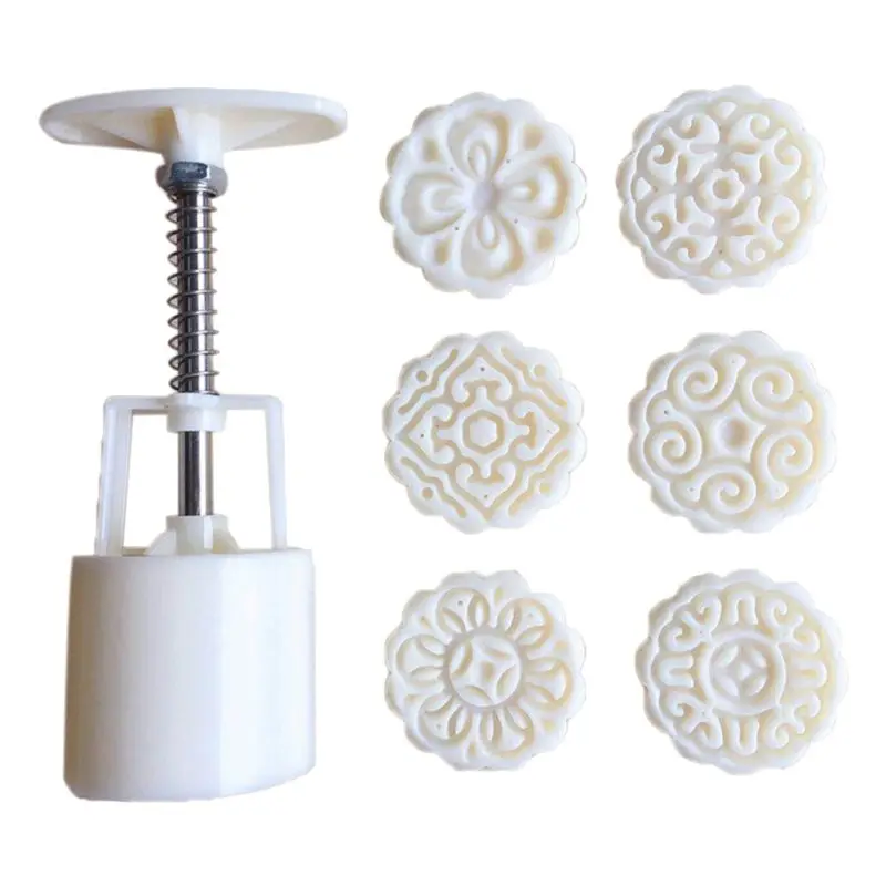 

6pcs 3D Flowers Stamps Moon Cake Decor Mould Barrel Round Mooncake Mold 50g Pastry Mooncakes Hand DIY Tool