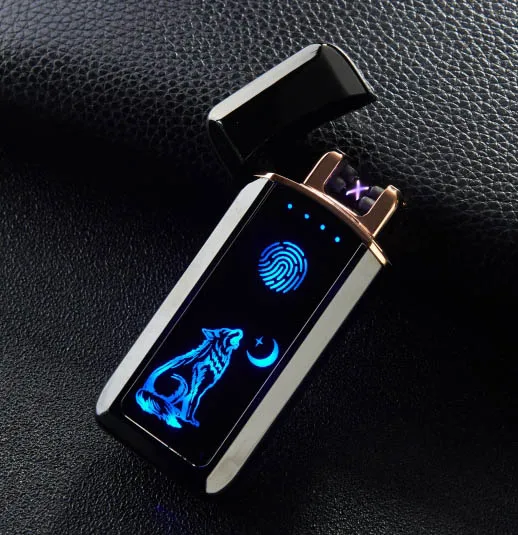 Двойная дуговая Электронная зажигалка, USB плазменная Зажигалка для сигарет, курительная зажигалка с бесплатным лазерным именем на зажигалке - Цвет: black wolf NO.2