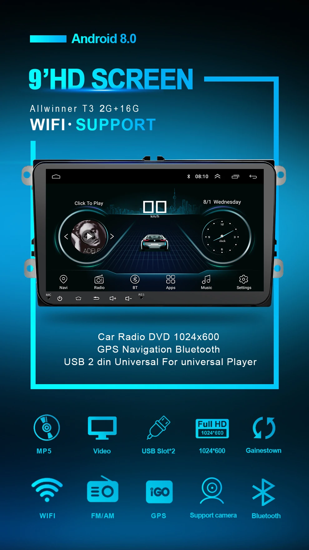9 дюймов Android 8,1 двойной 2Din автомобиля радио gps авто 2 Din USB для Volkswagen/Passat/Гольф/Skoda/сиденье Wi Fi bluetooth 2din