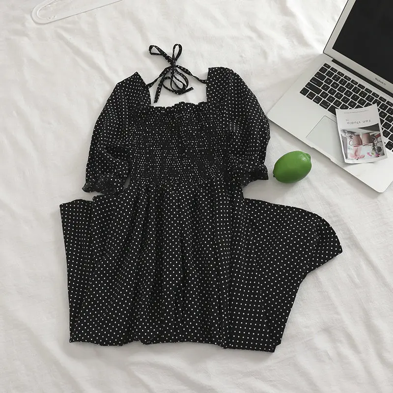 Women Dress Женское летнее шифоновое платье в горошек с квадратным воротником и рукавом-фонариком, винтажное эластичное облегающее платье-пуловер средней длины - Цвет: Women Dress