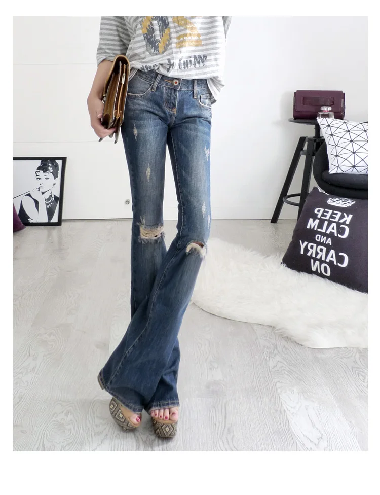 Plus Size Autumn With Low Waist Women Flare Jeans Bell Bottom Ripped For Streetwear Reglar Hole Denim C2003 |