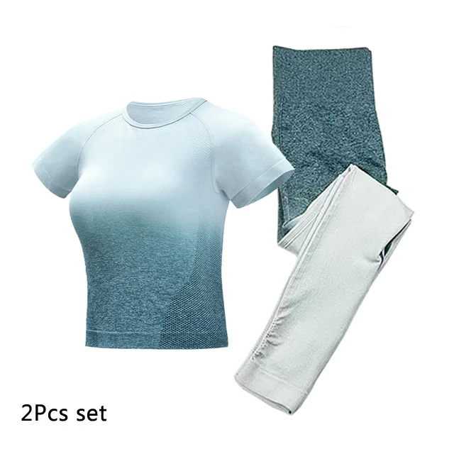 Green 2pcs set Ombre бесшовный Женский комплект для йоги, одежда для спортзала, градиентные леггинсы+ укороченные рубашки, спортивный костюм для тренировок, Женский комплект с коротким рукавом для фитнеса - Цвет: Green 2pcs set