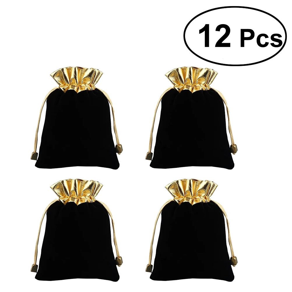 12 шт. золотой черный байковые мешок Drawstring Ювелирные подарочные пакеты Чехол