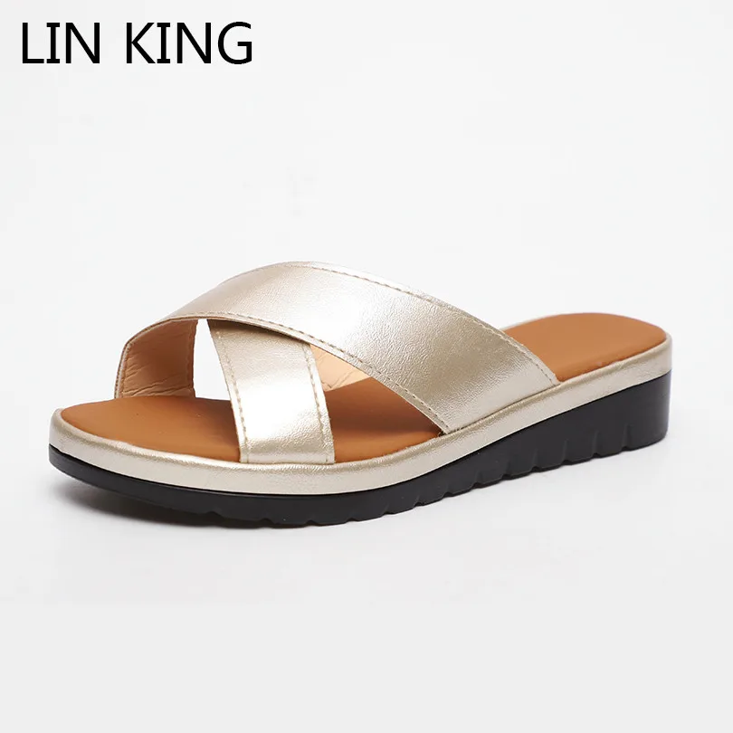 LIN KING/размера плюс однотонные женские тапки из кожи ПУ на толстой подошве Летняя
