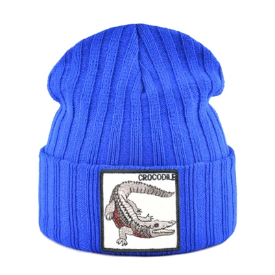 Blue2 Fashion Skullies Beanies Men Women Knitted Wool Hats With Crocodile Patch Double Layer Knitting Bonnet Cap Unisxe Streetwear Hat - Цвет: Blue2