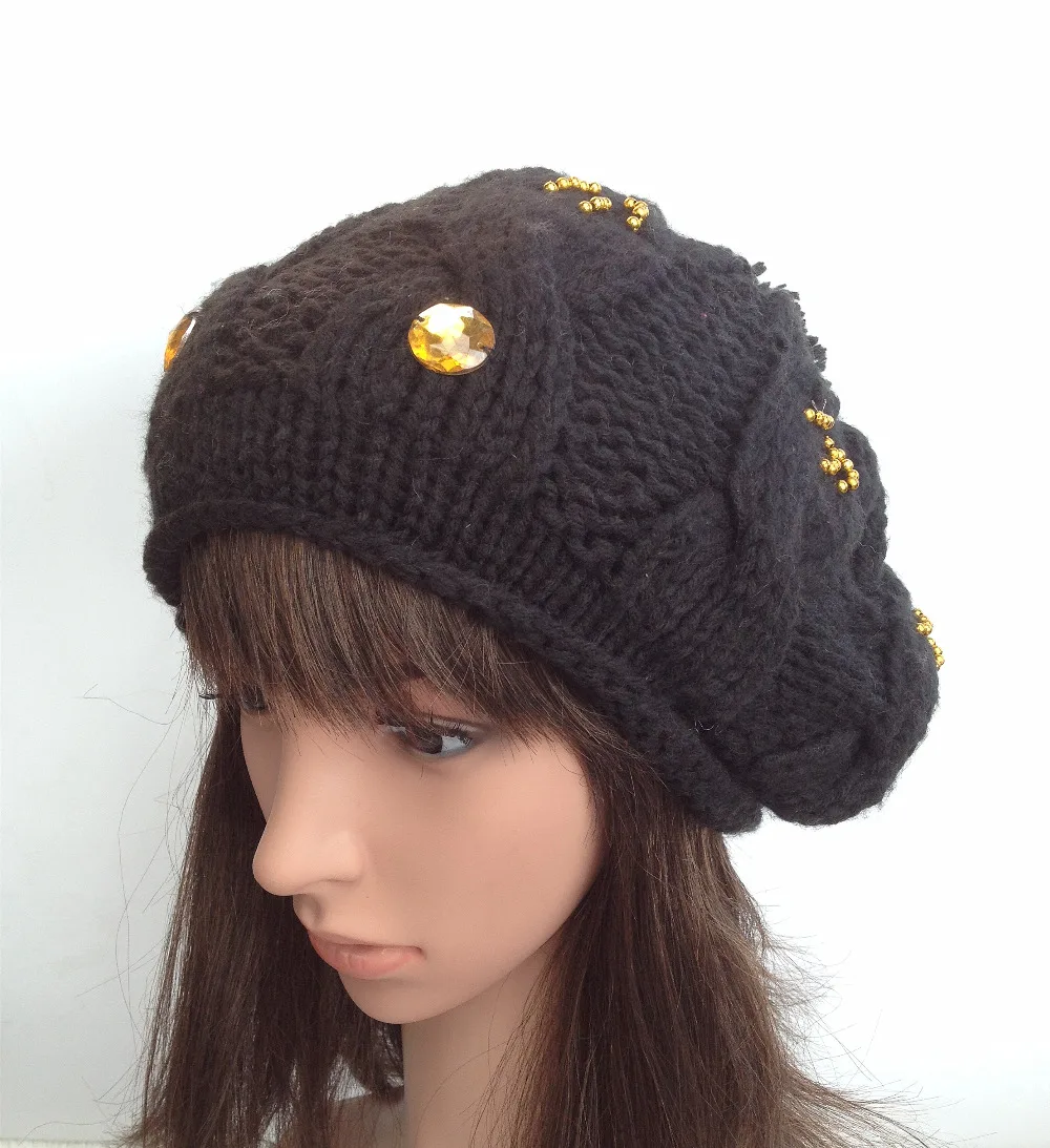 BomHCS 100% ручная работа вязаная шапка бини новая ringstone Бриллиантовая Черная Женская