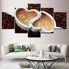 Модульная картины на холсте печатает 5 Панель картина Кофе фасоли фотографии кружка в форме сердца плакат Кухня Ресторан домашний декор рамки
