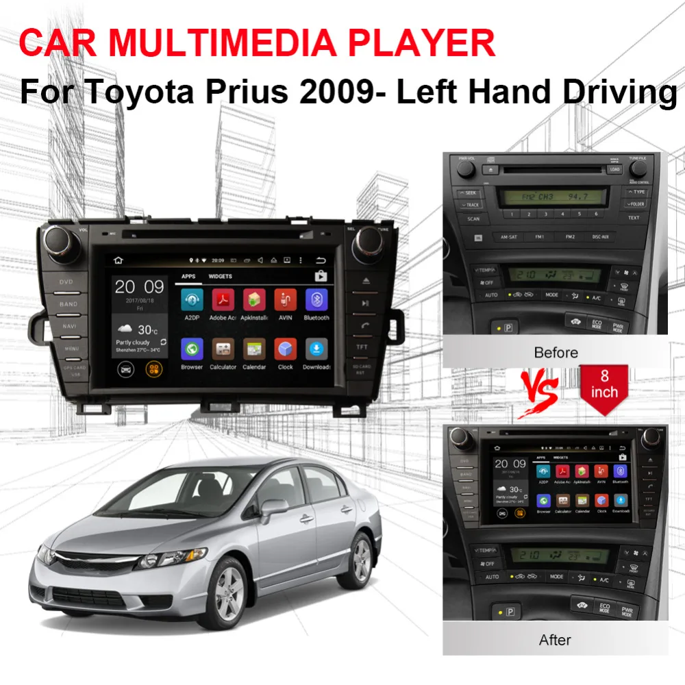2DIN 1024*600 ram 4 Гб Android 9,0 автомобильный DVD gps для Toyota Prius 2009- левый вождение автомобиля навигация с Bluetooth Авто Радио
