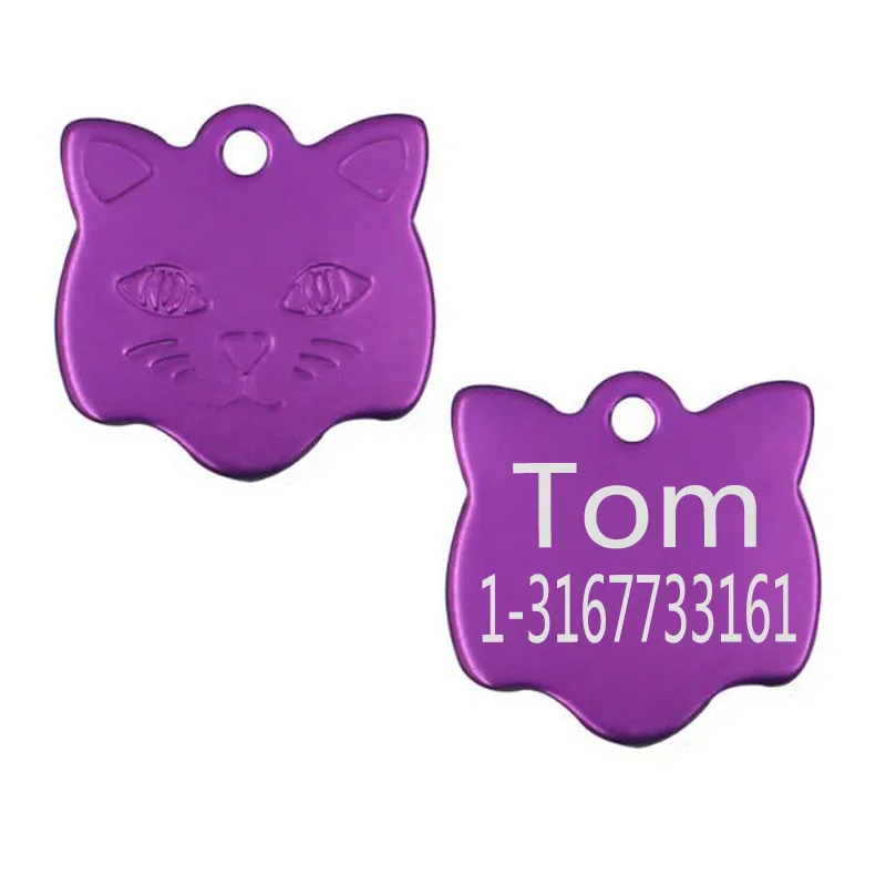 purple Милый котенок лицо ПЭТ кошка ID бирка Персонализированная индивидуальная гравировка бирки Домашние животные имя телефон номер табличка ID бирка для щенка - Цвет: purple