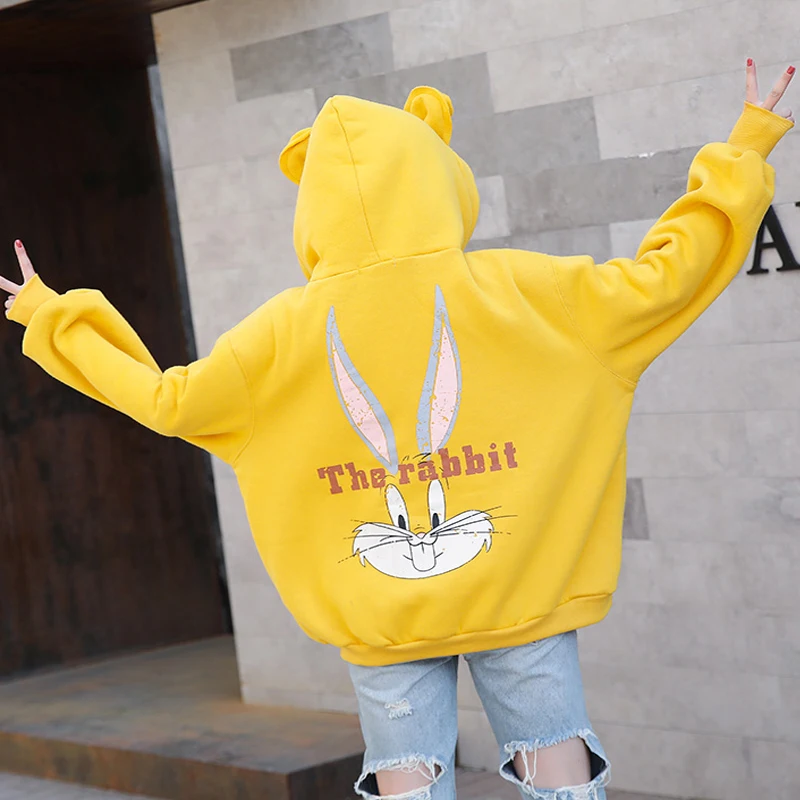 Женские бархатные толстовки Kpop Kawaii Rabbit с принтом из мультфильма свободная