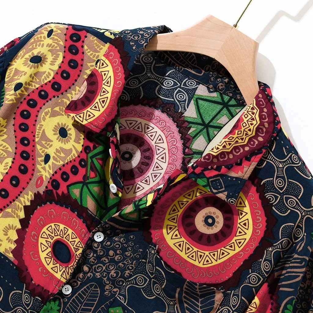 Hot sale New Summer Men Shirts Vintage Ethnic Printed Turn Down Collar Short Sleeve Loose Casual Tops camisas hombre