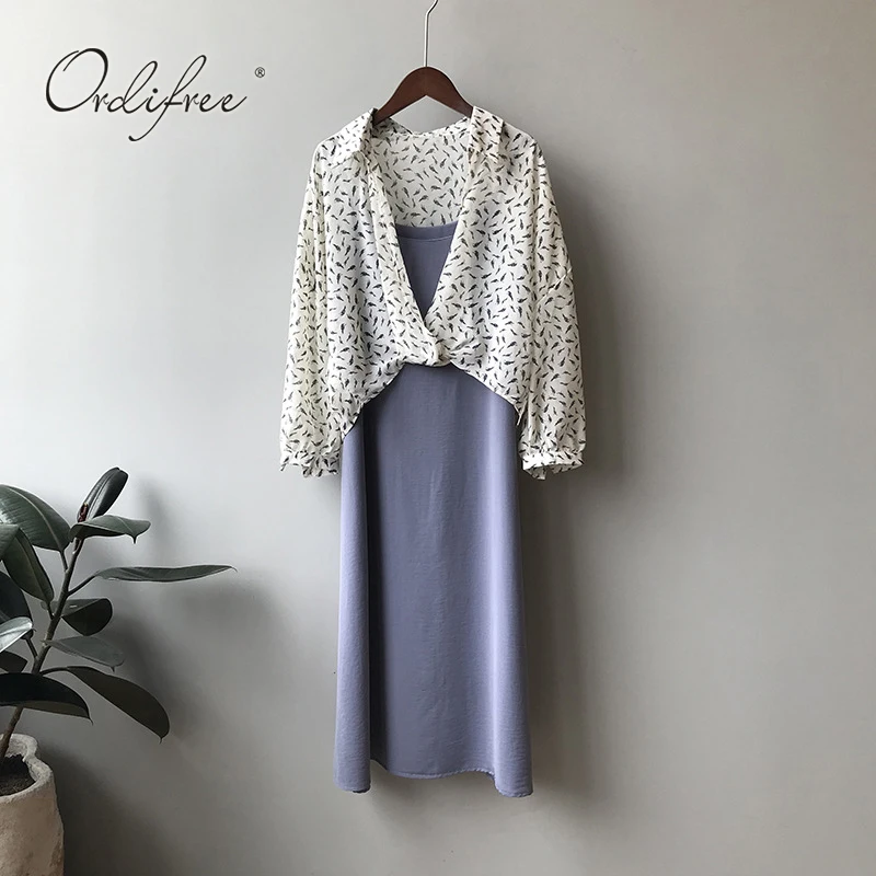 Ordifree Summer Women 2 Piece Set Dress Spaghetti Strap Long Slip Dress Boho Floral Print Blouse Shirt Top